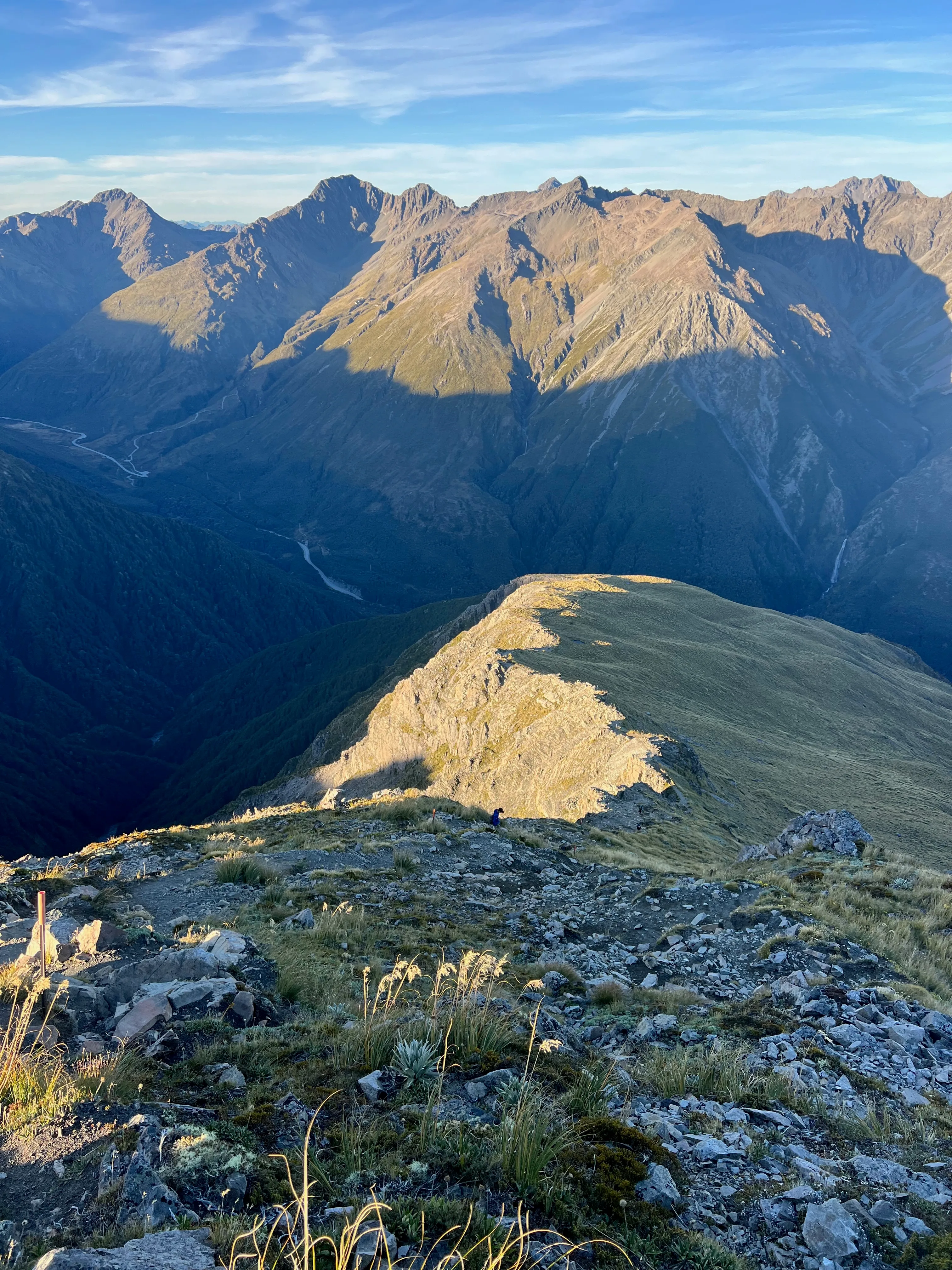 A grassy ridge in late light, with a mountain range across the valley.