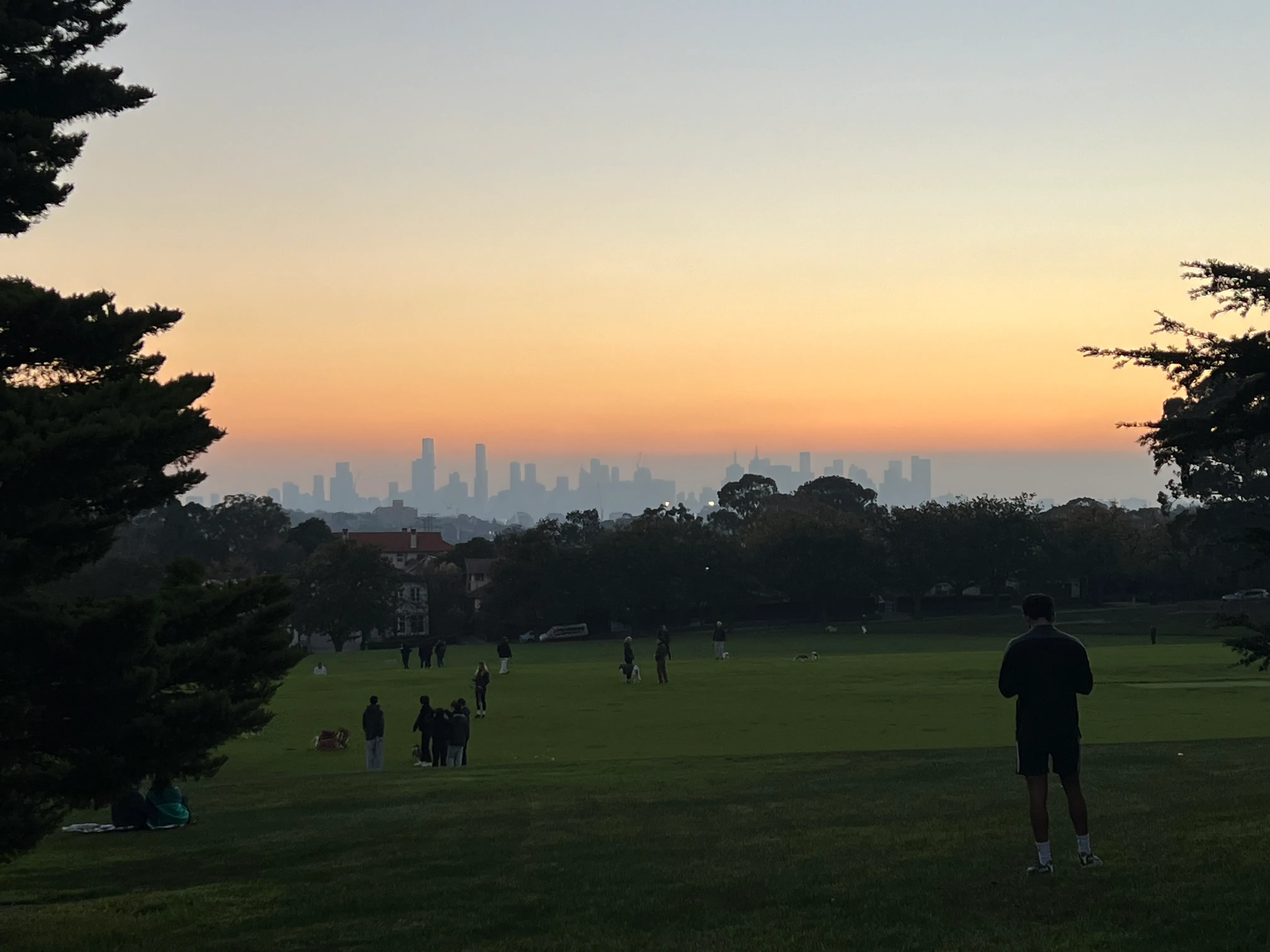 The city skyline beyond a park at dusk.