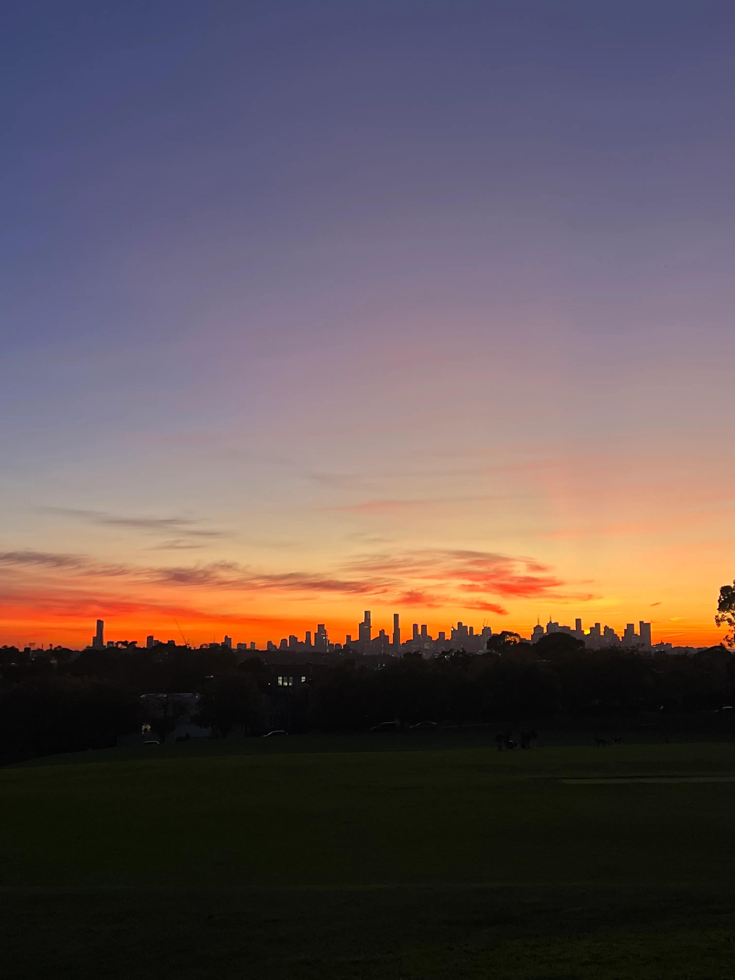 The last light of sunset behind the city skyline.