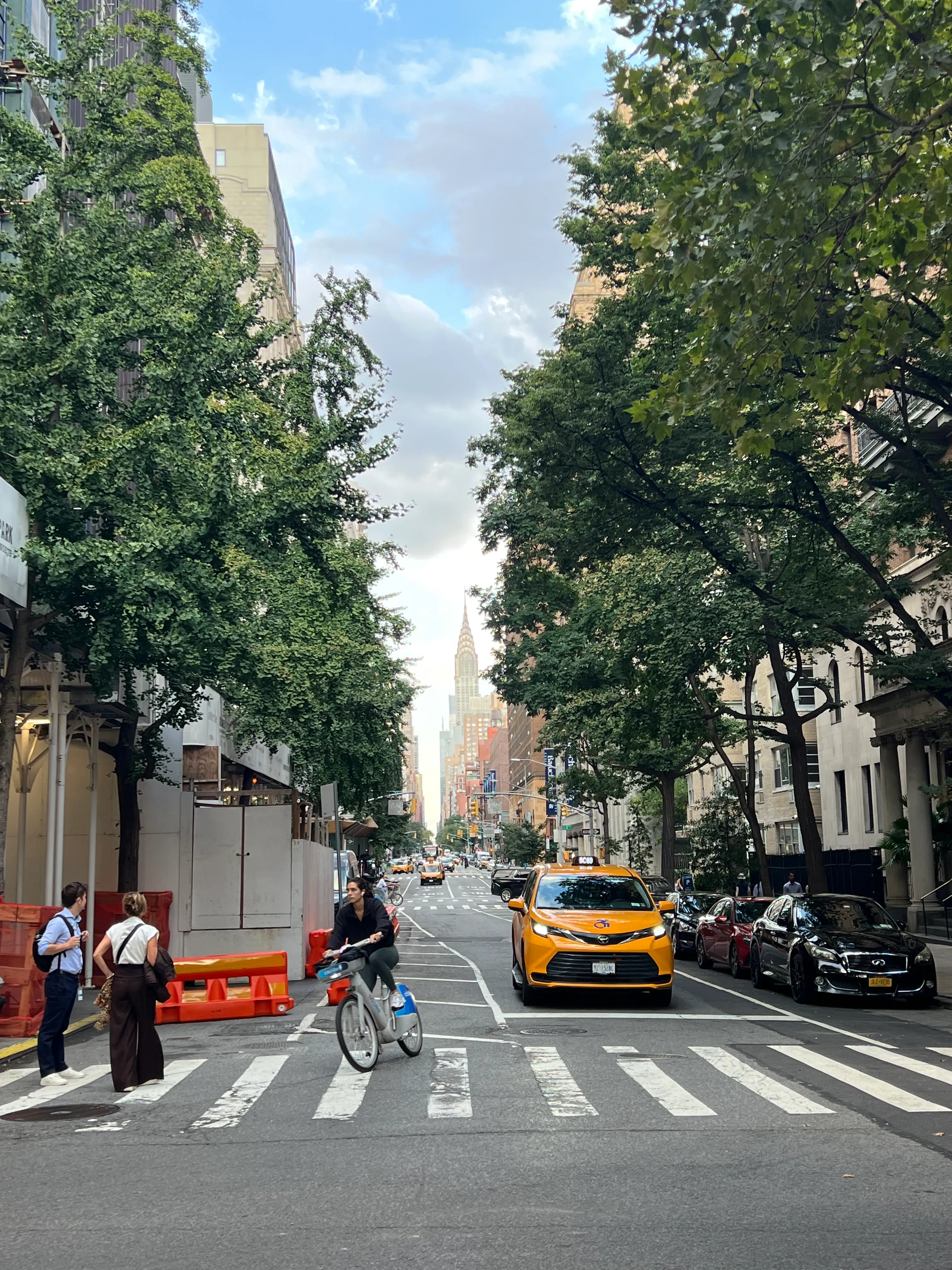 A tree-lined street with a cyclist and yellow taxi.
