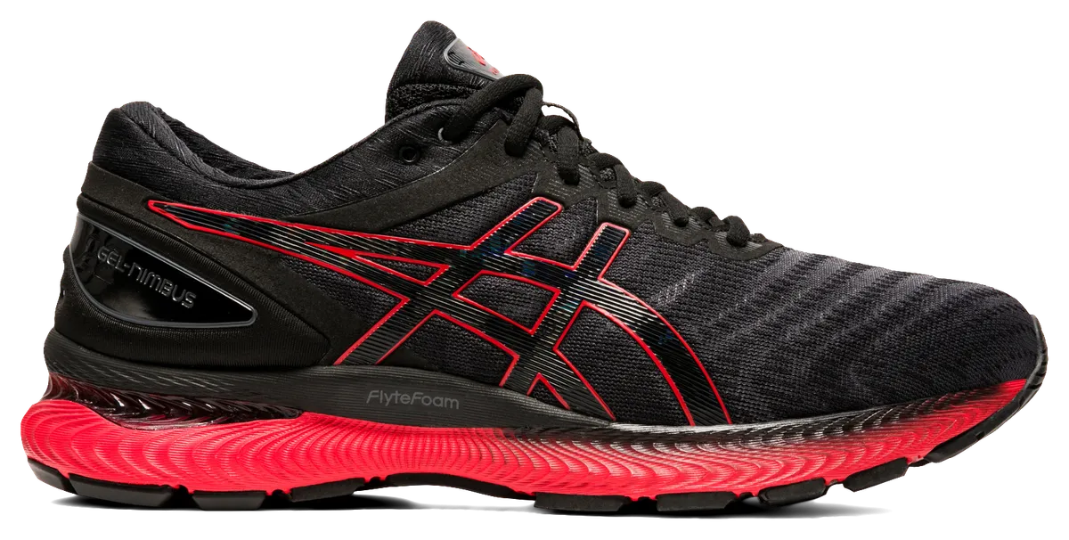 ASICS GEL-Nimbus 22 in black with a Classic Red midsole.