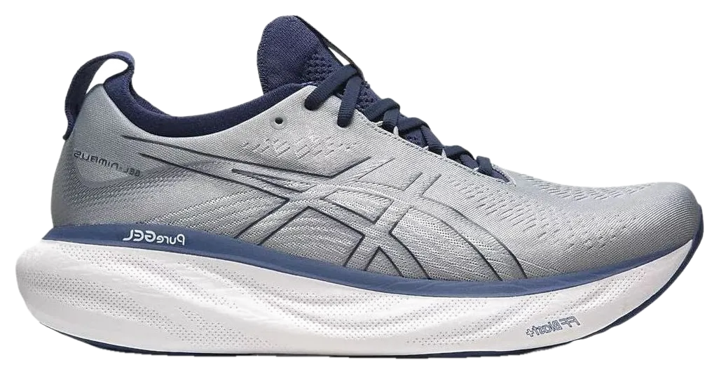 ASICS GEL-Nimbus 25 in the Sheet Rock/Indigo Blue colorway.