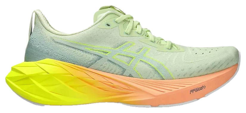ASICS Novablast 4 in the Paris Olympics Cool Matcha/Safety Yellow colorway.